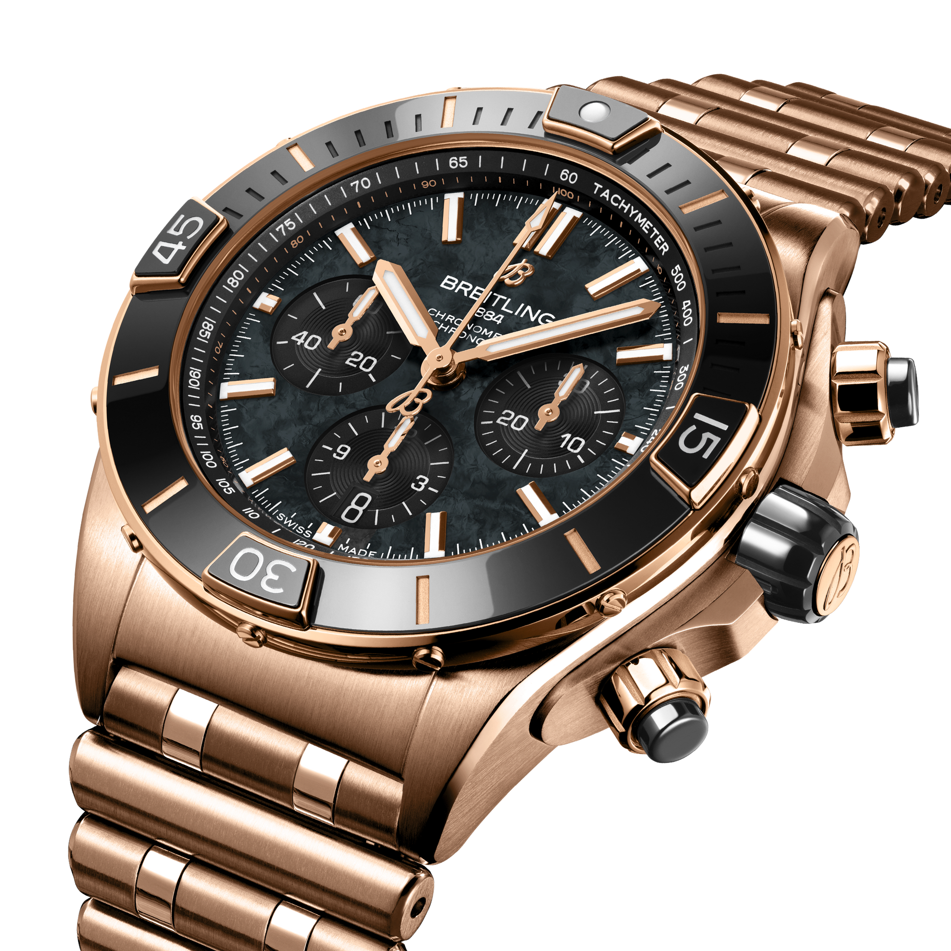 Breitling Super Chronomat B01 44 reference RB01365A1B1R1 with Black mother-of-pearl dial, 18k red gold case, bracelet, three-quarter view