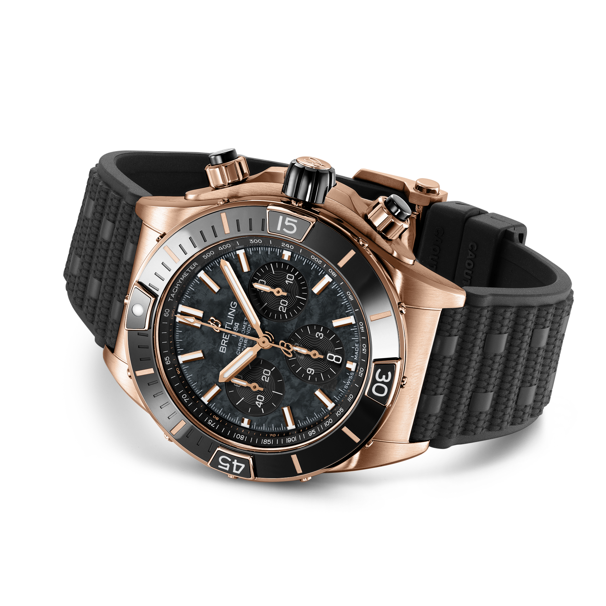 Breitling Super Chronomat B01 44 reference RB01365A1B1S1 with Black mother-of-pearl dial, 18k red gold case, rubber strap, bracelet or strap configuration view