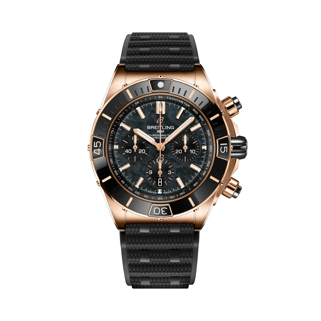 Breitling Super Chronomat B01 44 reference RB01365A1B1S1 with Black mother-of-pearl dial, 18k red gold case, rubber strap, front view