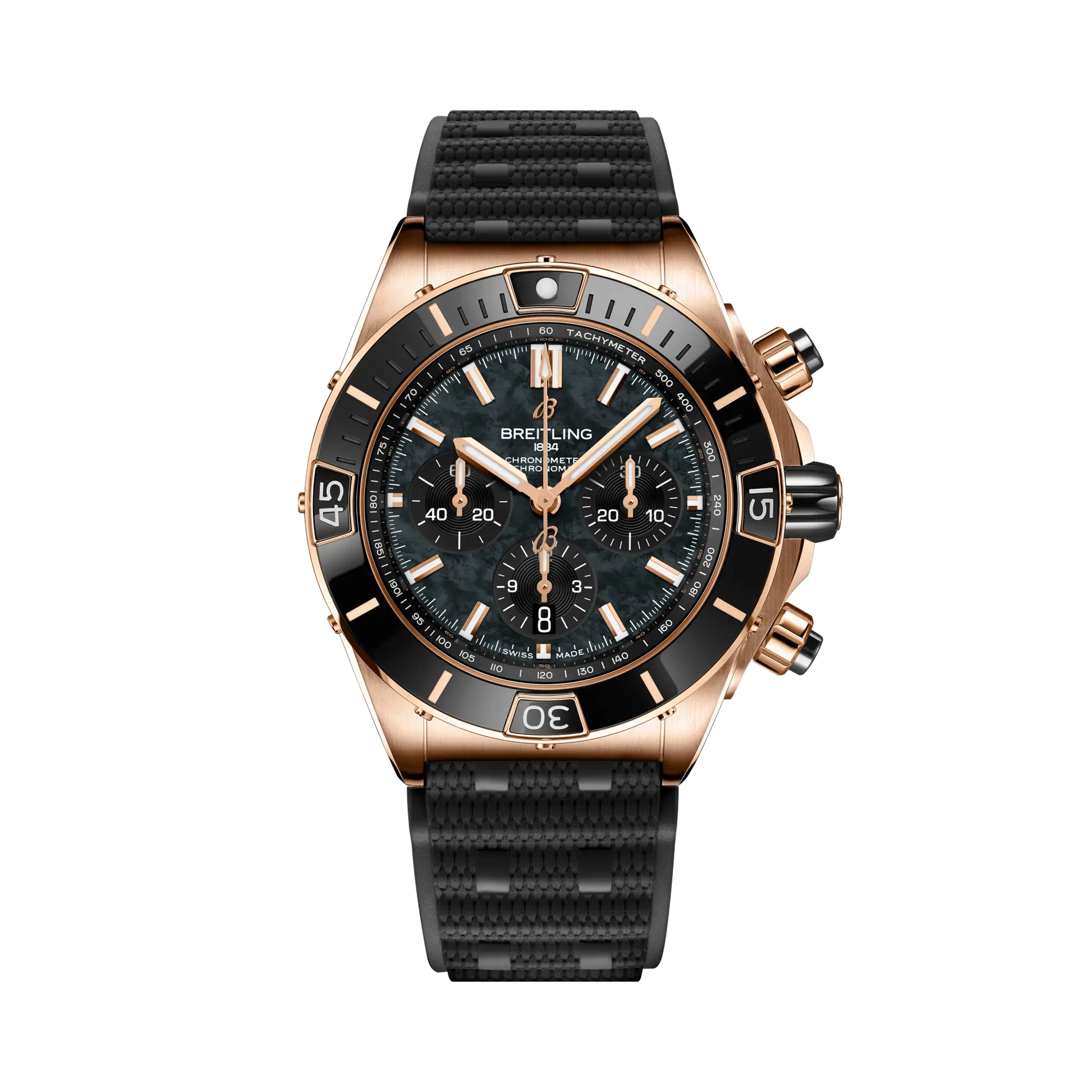 Breitling Super Chronomat B01 44 reference RB01365A1B1S1 with Black mother-of-pearl dial, 18k red gold case, rubber strap, front view