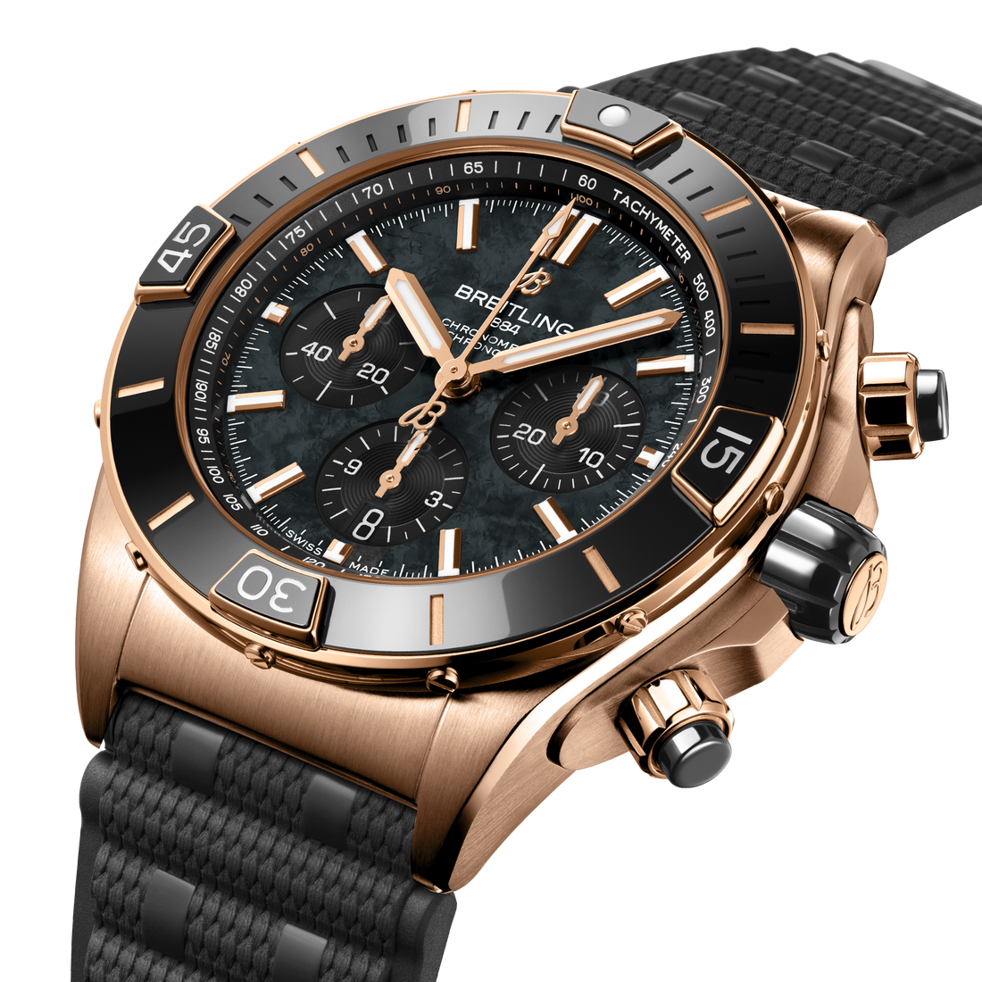 Breitling Super Chronomat B01 44 reference RB01365A1B1S1 with Black mother-of-pearl dial, 18k red gold case, rubber strap, front view
