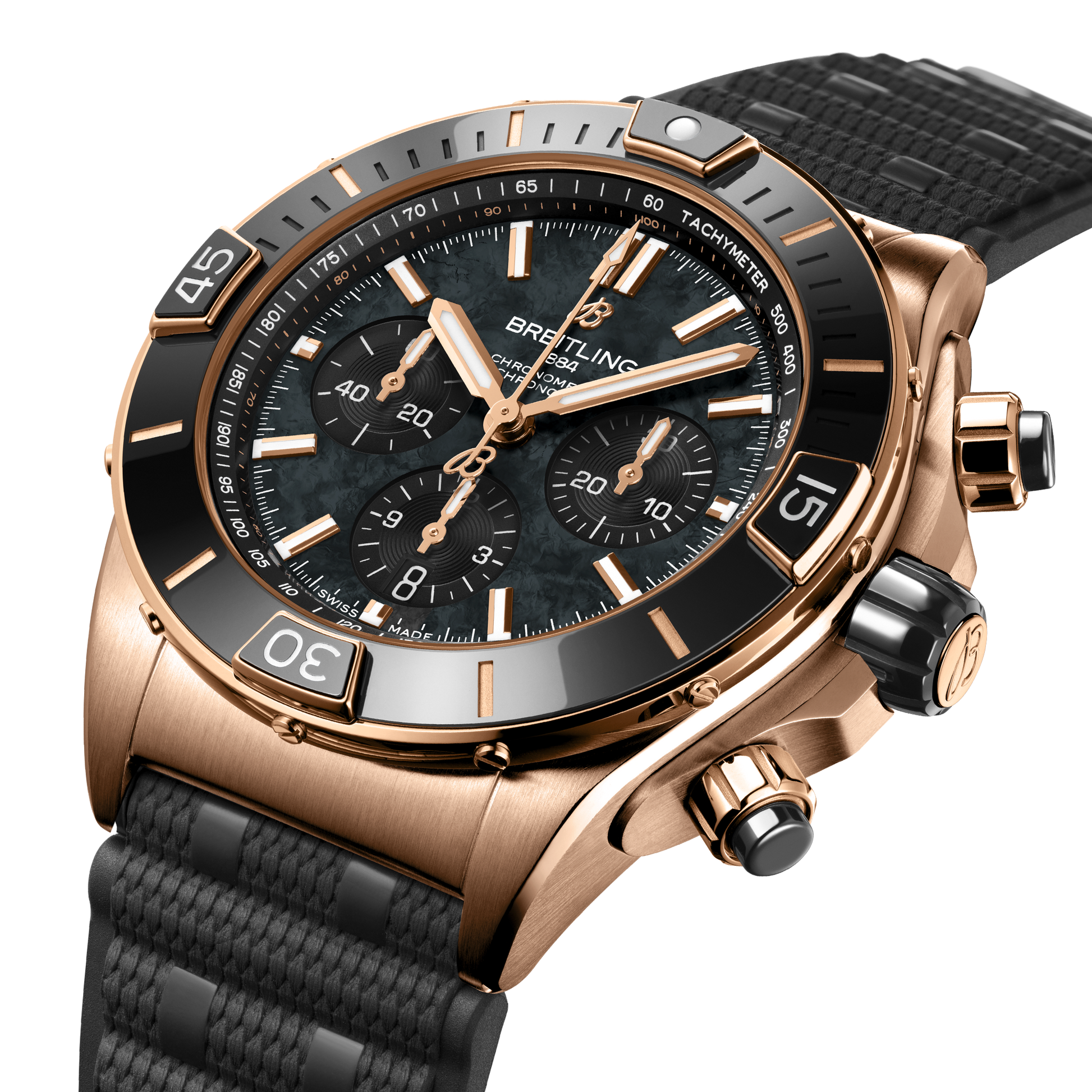 Breitling Super Chronomat B01 44 reference RB01365A1B1S1 with Black mother-of-pearl dial, 18k red gold case, rubber strap, three-quarter view