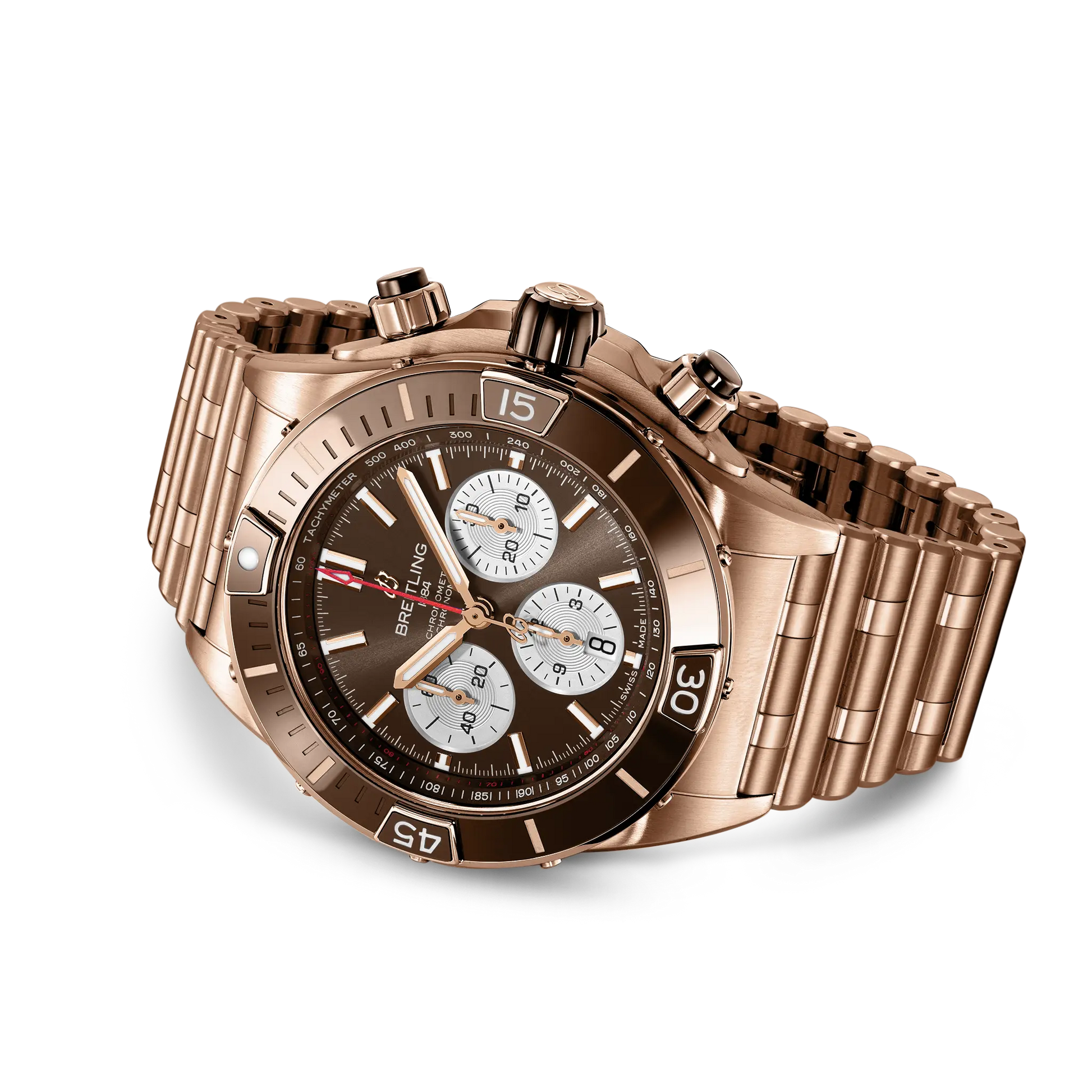 Breitling Super Chronomat B01 44 reference RB0136E31Q1R1 with Brown dial, 18k red gold case, bracelet, bracelet or strap configuration view