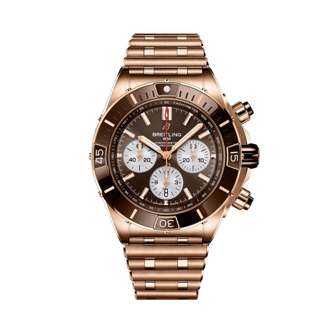 Breitling Super Chronomat B01 44 reference RB0136E31Q1R1 with Brown dial, 18k red gold case, bracelet, front view