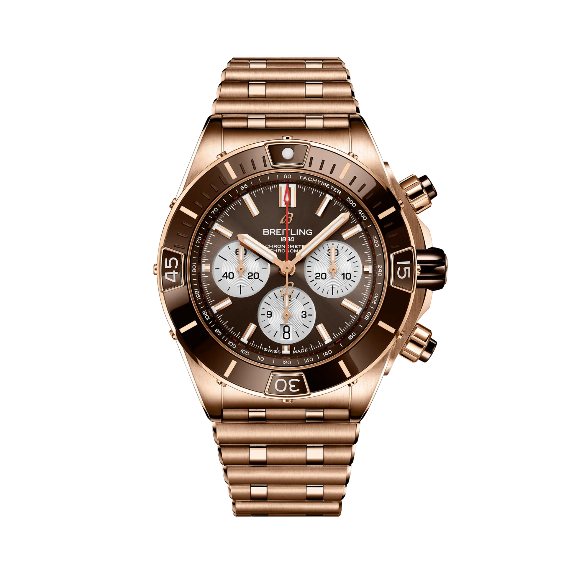 Breitling Super Chronomat B01 44 reference RB0136E31Q1R1 with Brown dial, 18k red gold case, bracelet, front view