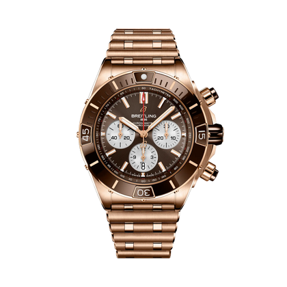 Breitling Super Chronomat B01 44 reference RB0136E31Q1R1 with Brown dial, 18k red gold case, bracelet, front view