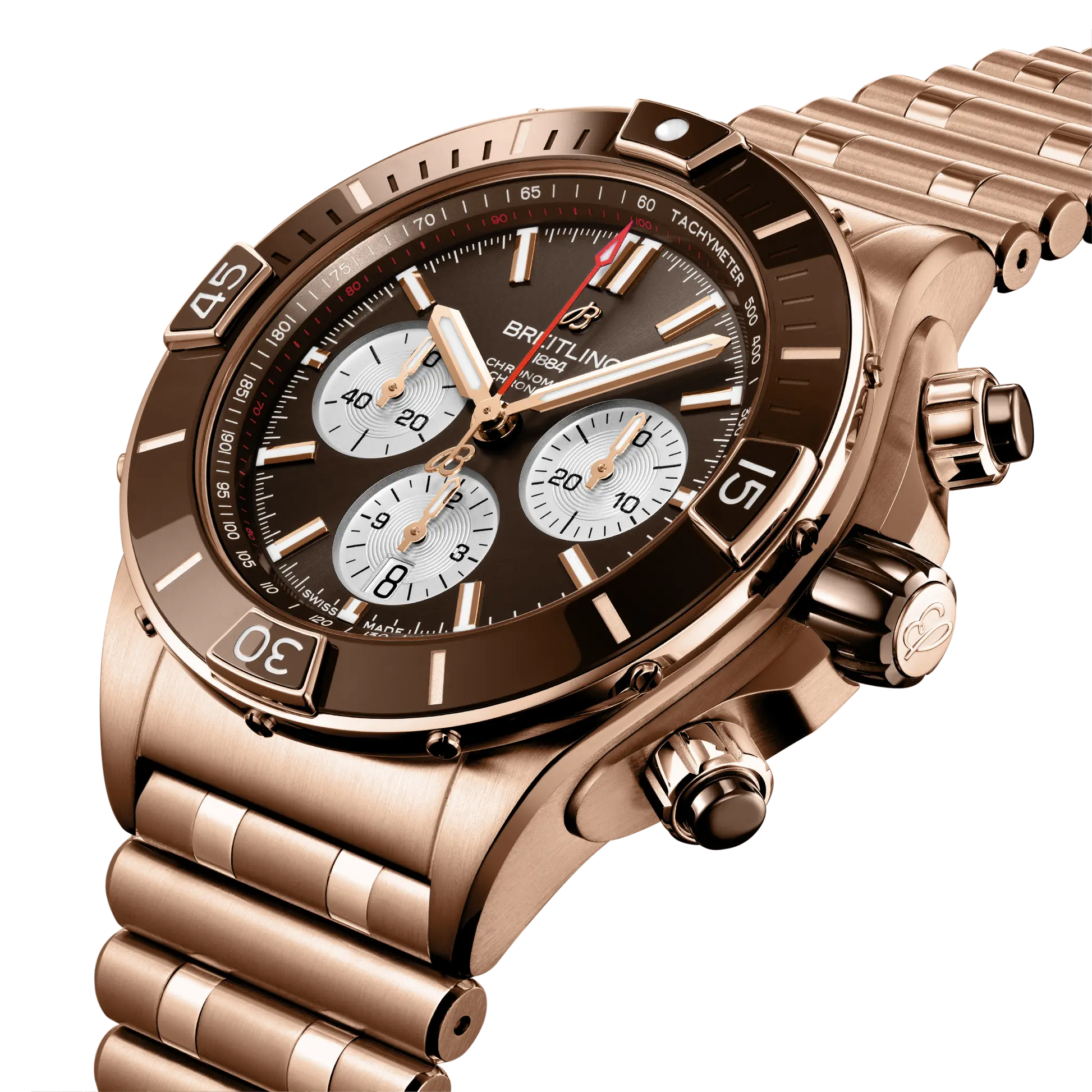 Breitling Super Chronomat B01 44 reference RB0136E31Q1R1 with Brown dial, 18k red gold case, bracelet, three-quarter view