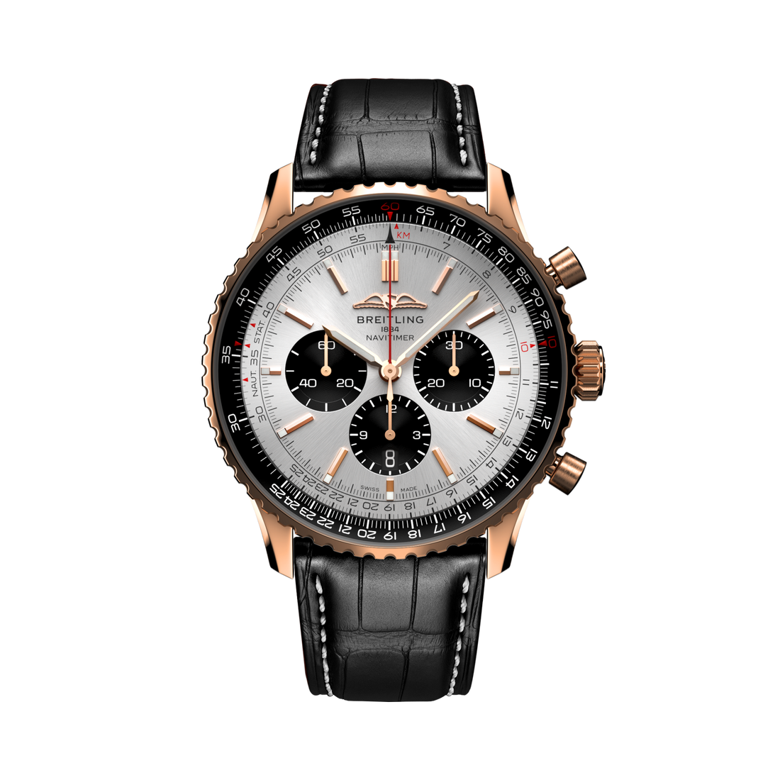 Breitling Navitimer B01 Chronograph 46 reference RB0137241G1P1 with Cream dial, 18k red gold case, black alligator strap, front view