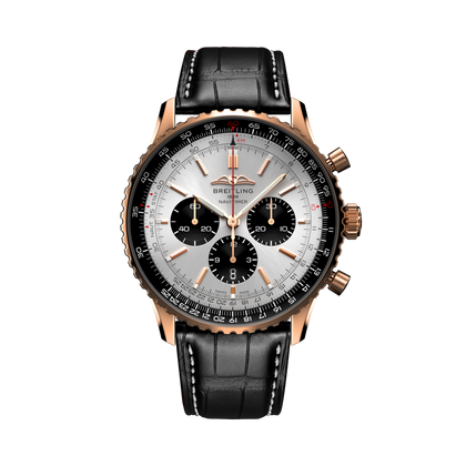 Breitling Navitimer B01 Chronograph 46 reference RB0137241G1P1 with Cream dial, 18k red gold case, black alligator strap, front view