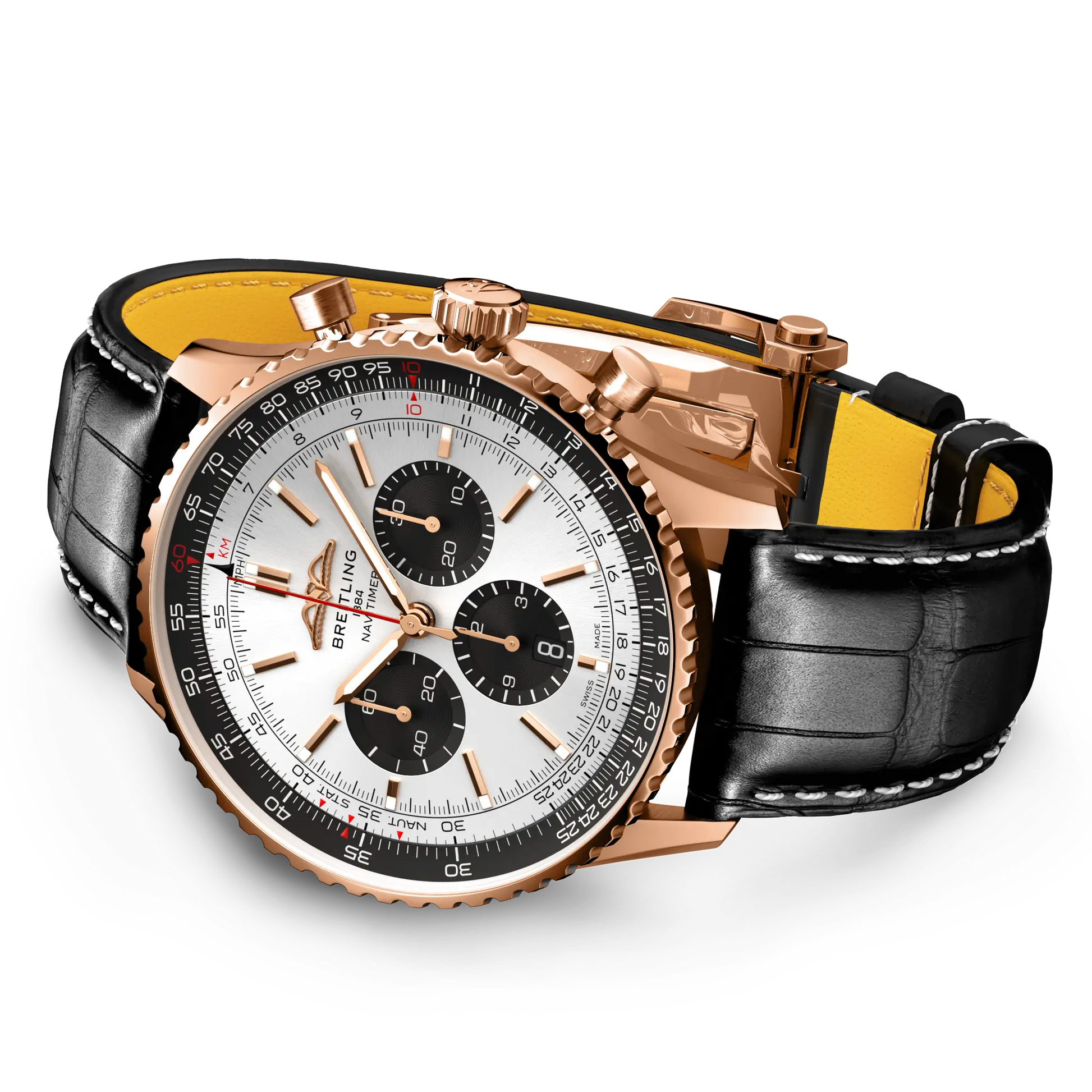 Breitling Navitimer B01 Chronograph 46 reference RB0137241G1P1 with Cream dial, 18k red gold case, black alligator strap, bracelet or strap configuration view