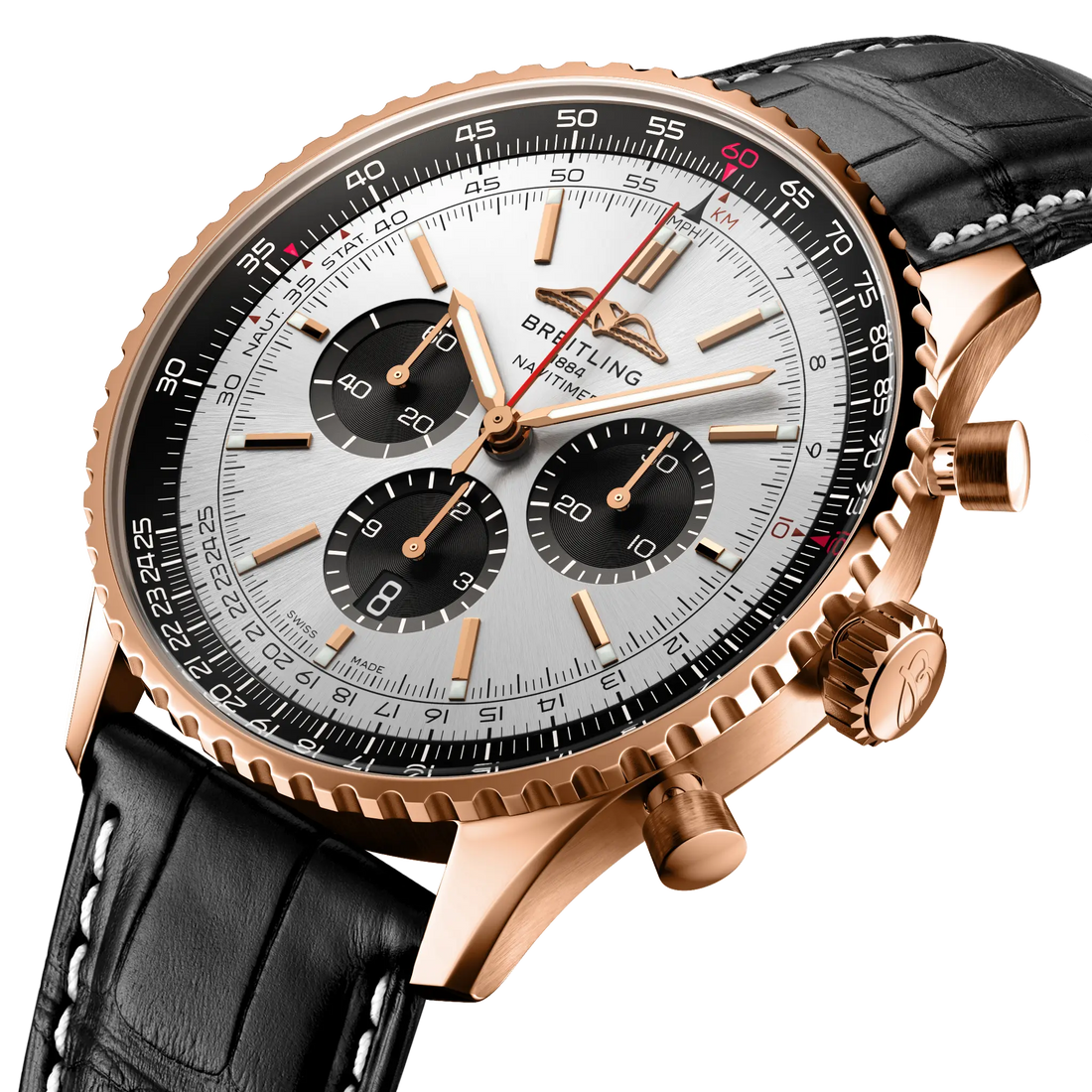 Breitling Navitimer B01 Chronograph 46 reference RB0137241G1P1 with Cream dial, 18k red gold case, black alligator strap, three-quarter view