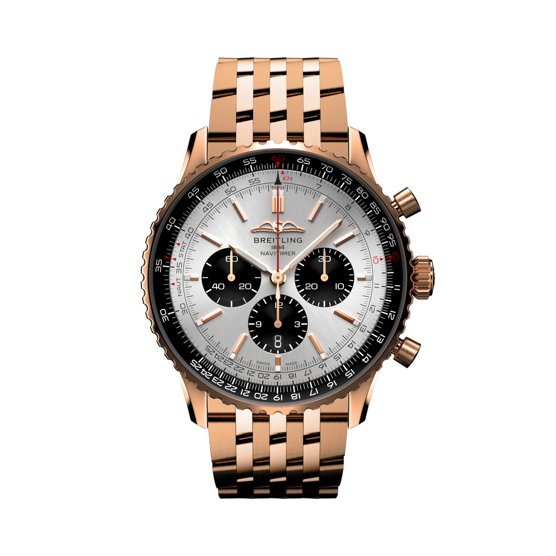 Breitling Navitimer B01 Chronograph 46 reference RB0137241G1R1 with Cream dial, 18k red gold case, bracelet, front view