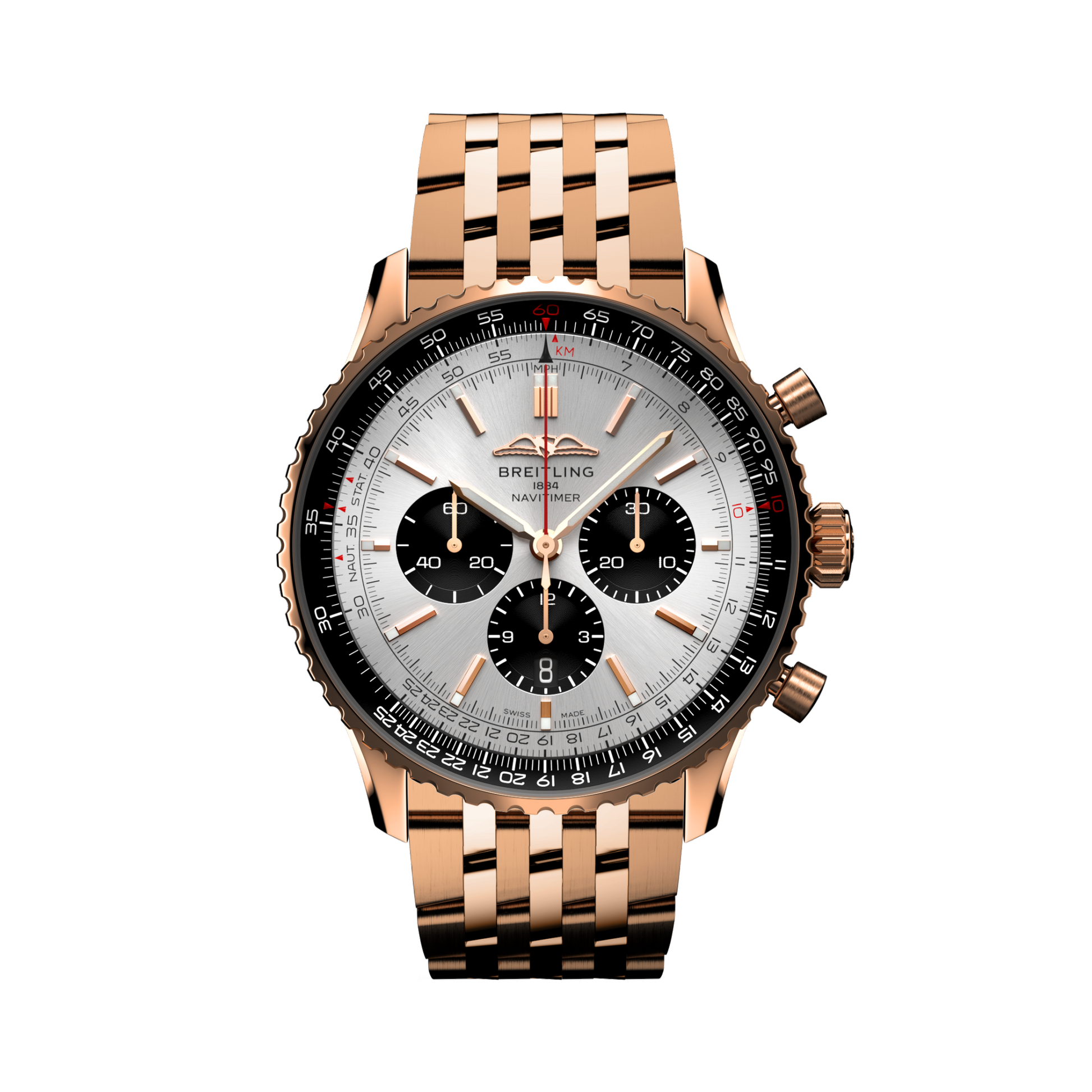 Breitling Navitimer B01 Chronograph 46 reference RB0137241G1R1 with Cream dial, 18k red gold case, bracelet, front view