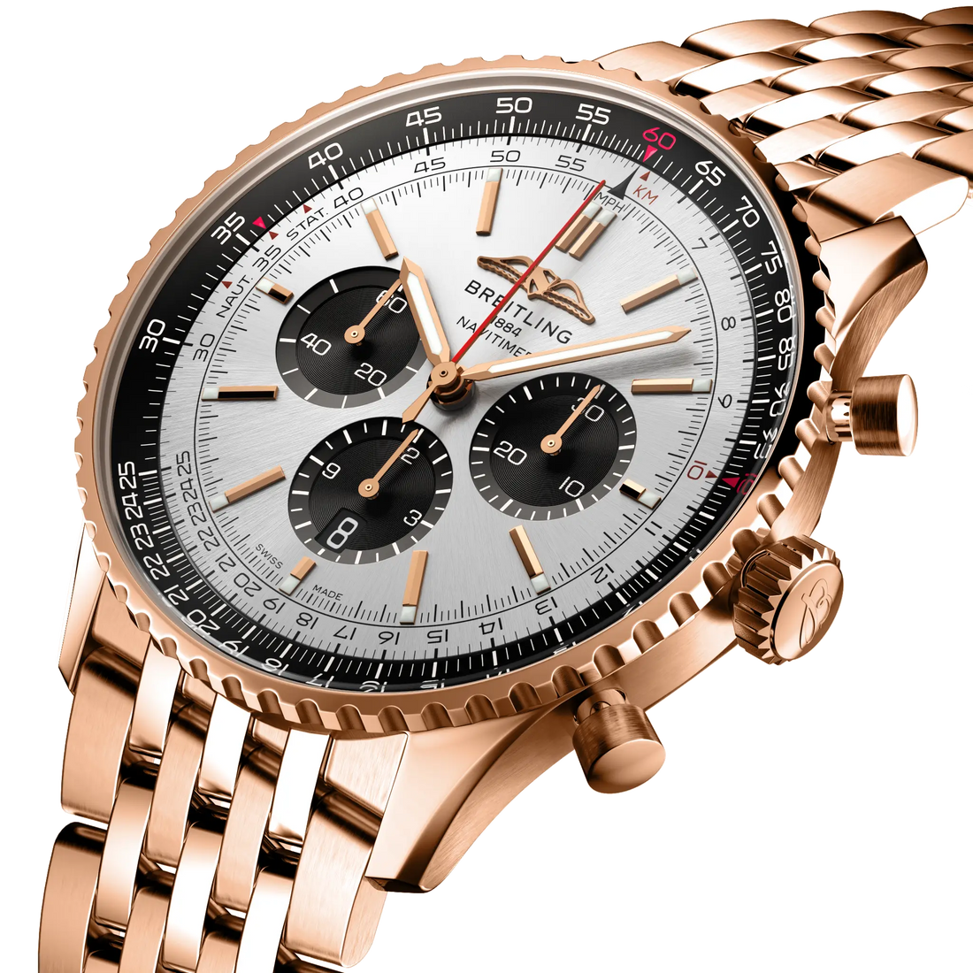 Breitling Navitimer B01 Chronograph 46 reference RB0137241G1R1 with Cream dial, 18k red gold case, bracelet, three-quarter view