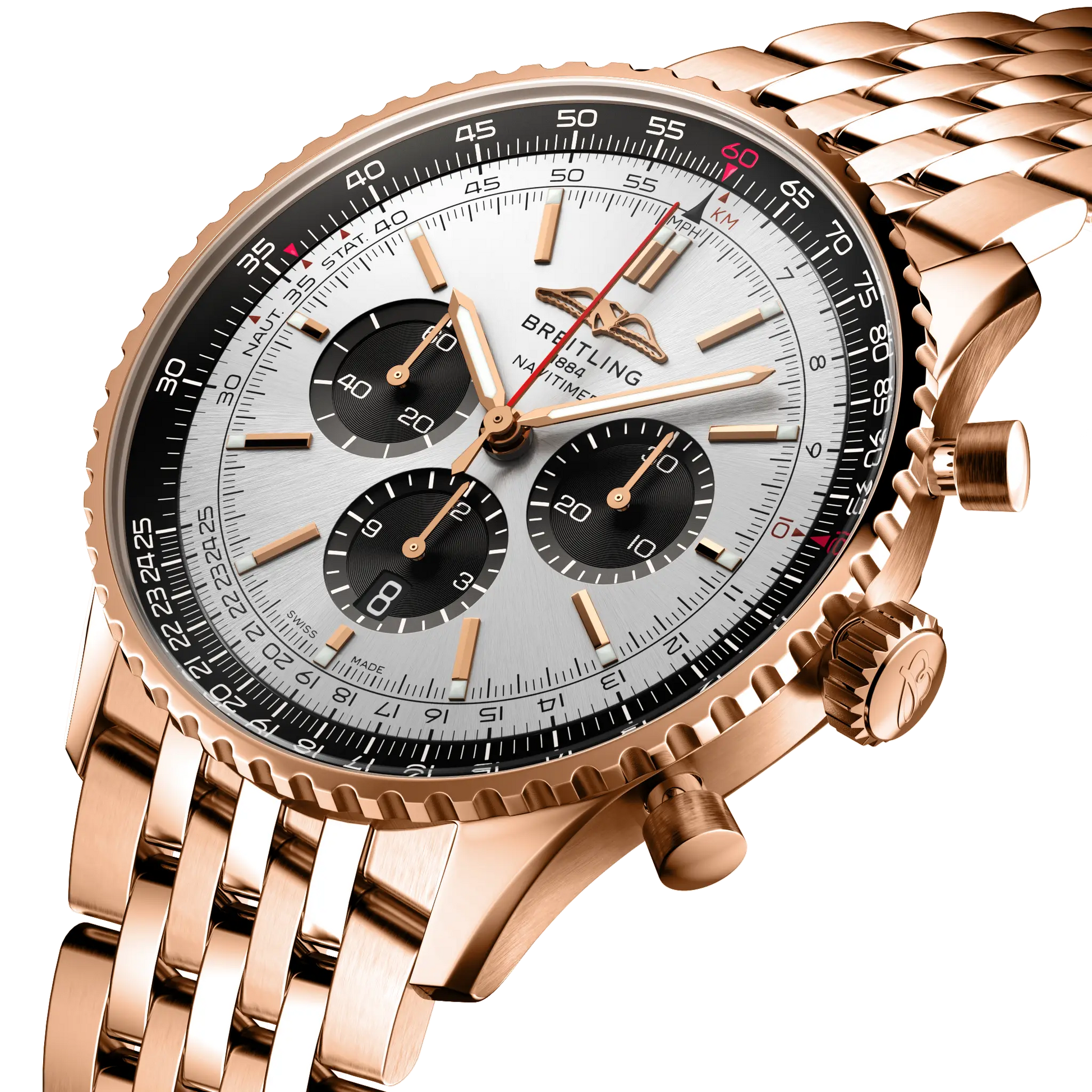 Breitling Navitimer B01 Chronograph 46 reference RB0137241G1R1 with Cream dial, 18k red gold case, bracelet, three-quarter view