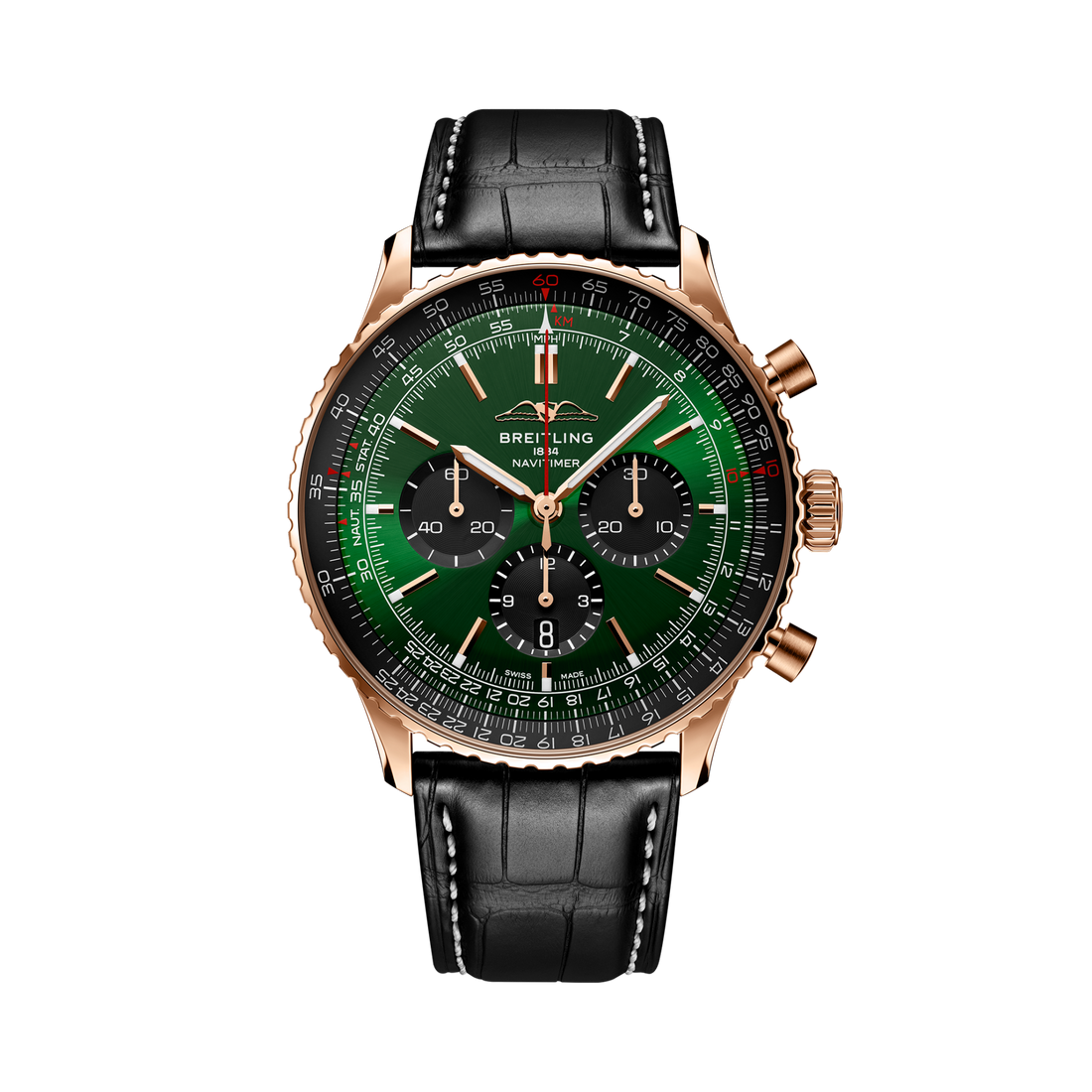 Breitling Navitimer B01 Chronograph 46 reference RB0137241L1P1 with Green dial, 18k red gold case, alligator strap, front view