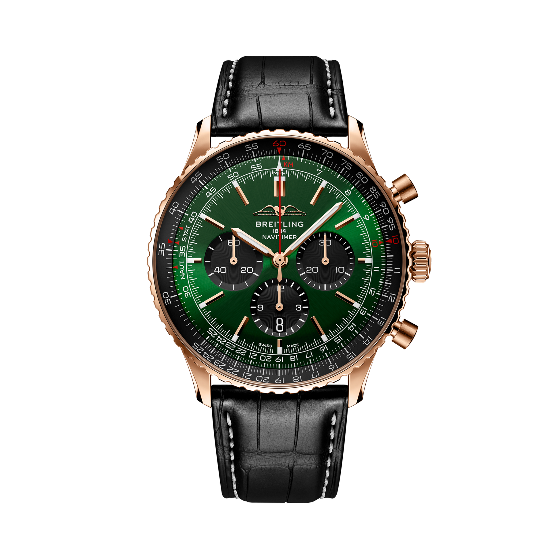 Breitling Navitimer B01 Chronograph 46 reference RB0137241L1P1 with Green dial, 18k red gold case, alligator strap, front view