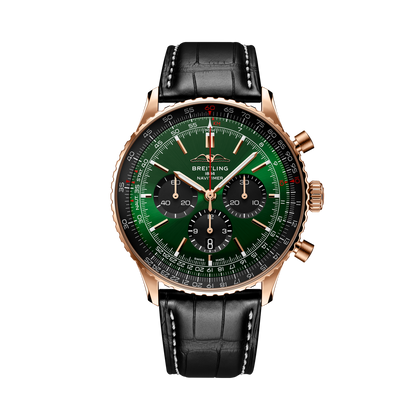 Breitling Navitimer B01 Chronograph 46 reference RB0137241L1P1 with Green dial, 18k red gold case, alligator strap, front view