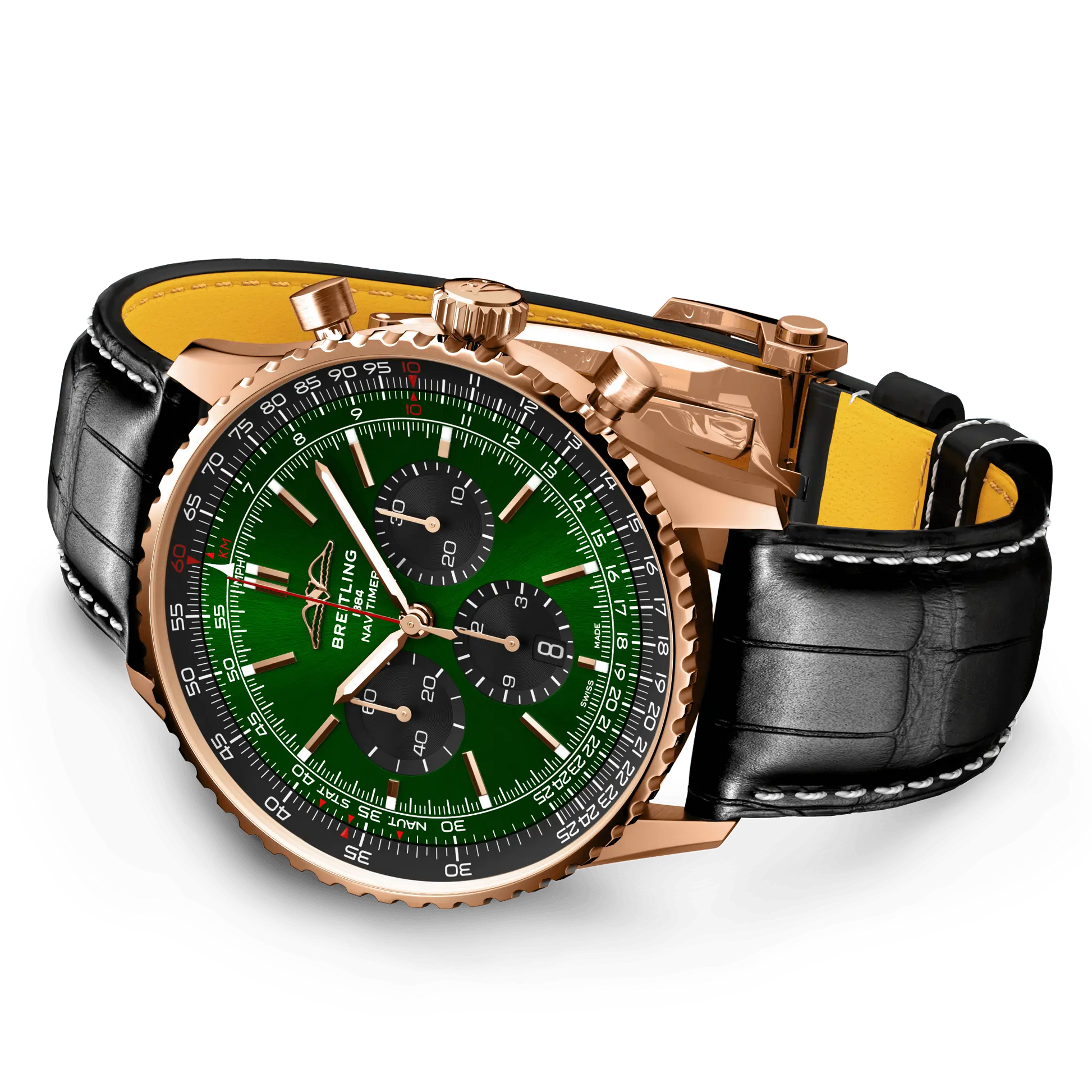 Breitling Navitimer B01 Chronograph 46 reference RB0137241L1P1 with Green dial, 18k red gold case, alligator strap, bracelet or strap configuration view