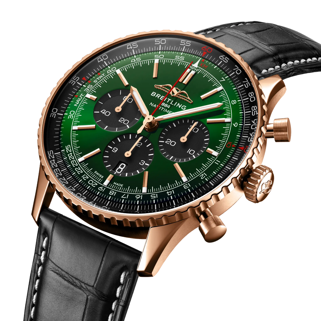 Breitling Navitimer B01 Chronograph 46 reference RB0137241L1P1 with Green dial, 18k red gold case, alligator strap, three-quarter view