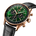 Breitling Navitimer B01 Chronograph 46 reference RB0137241L1P1 with Green dial, 18k red gold case, alligator strap, three-quarter view