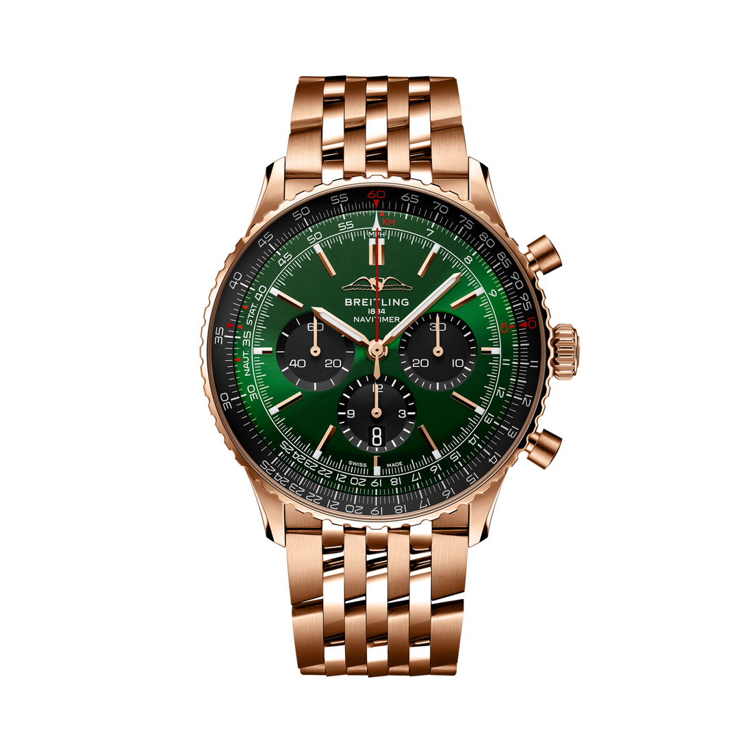Breitling Navitimer B01 Chronograph 46 reference RB0137241L1R1 with Green dial, 18k red gold case, bracelet, front view