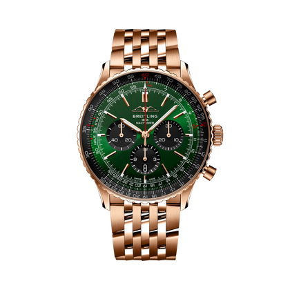 Breitling Navitimer B01 Chronograph 46 reference RB0137241L1R1 with Green dial, 18k red gold case, bracelet, front view