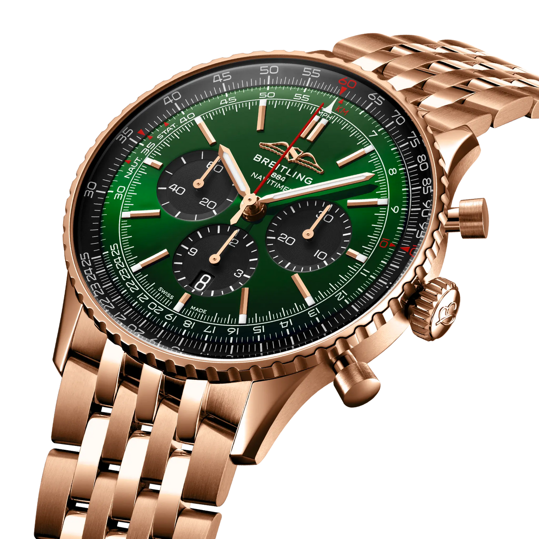 Breitling Navitimer B01 Chronograph 46 reference RB0137241L1R1 with Green dial, 18k red gold case, bracelet, three-quarter view