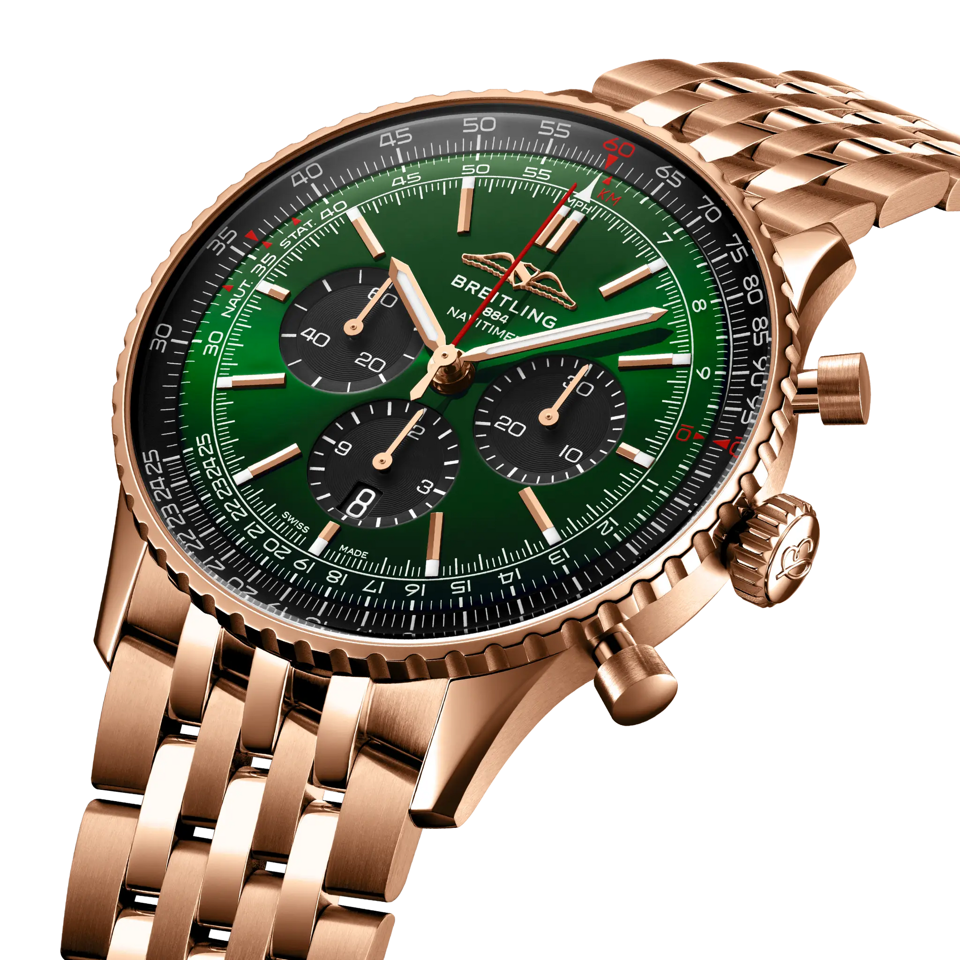 Breitling Navitimer B01 Chronograph 46 reference RB0137241L1R1 with Green dial, 18k red gold case, bracelet, three-quarter view