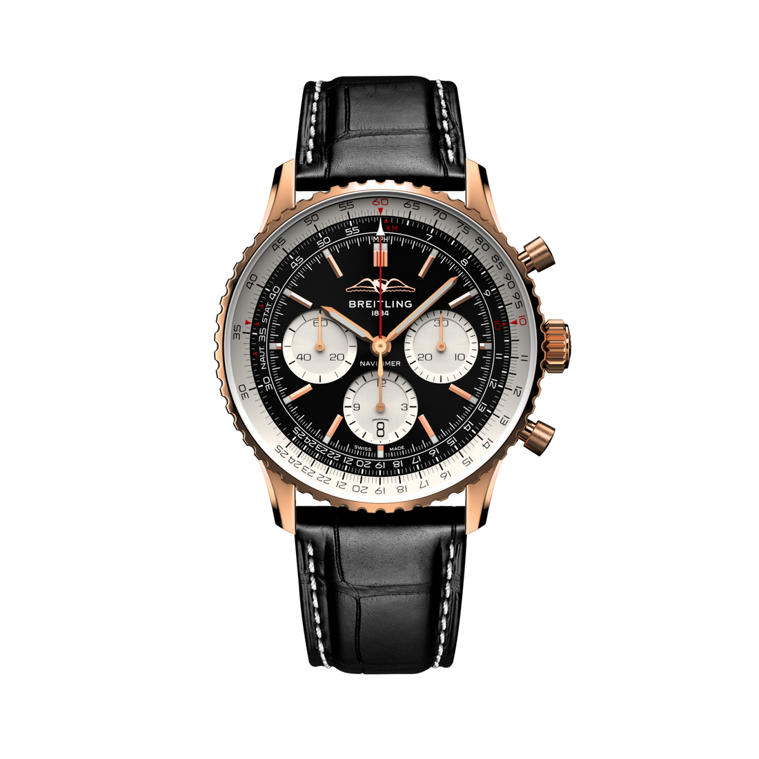 Breitling Navitimer B01 Chronograph 43 reference RB0138211B1P1 with Black dial, 18k red gold case, black alligator strap, front view