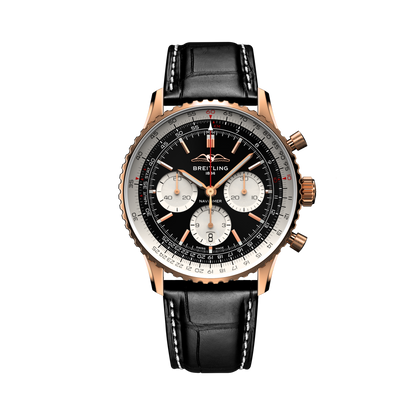 Breitling Navitimer B01 Chronograph 43 reference RB0138211B1P1 with Black dial, 18k red gold case, black alligator strap, front view