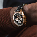 Breitling Navitimer B01 Chronograph 43 reference RB0138211B1P1 with Black dial, 18k red gold case, black alligator strap, on-wrist view