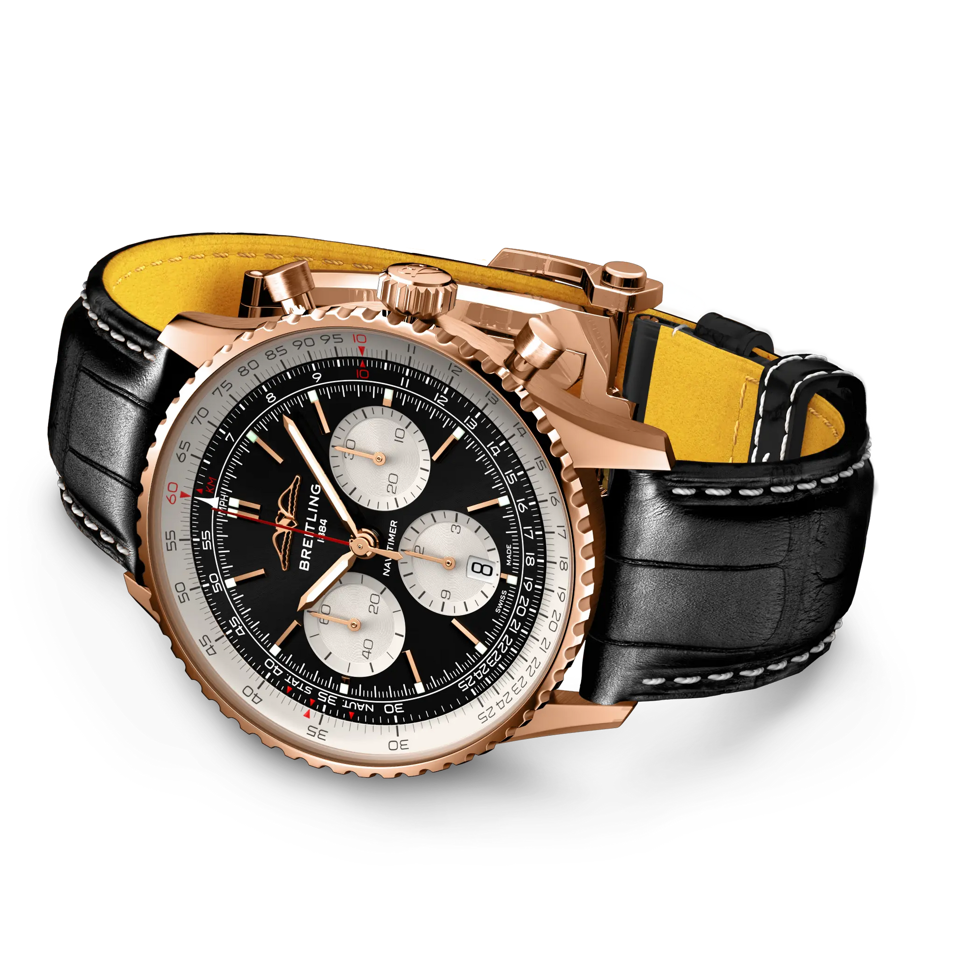 Breitling Navitimer B01 Chronograph 43 reference RB0138211B1P1 with Black dial, 18k red gold case, black alligator strap, bracelet or strap configuration view