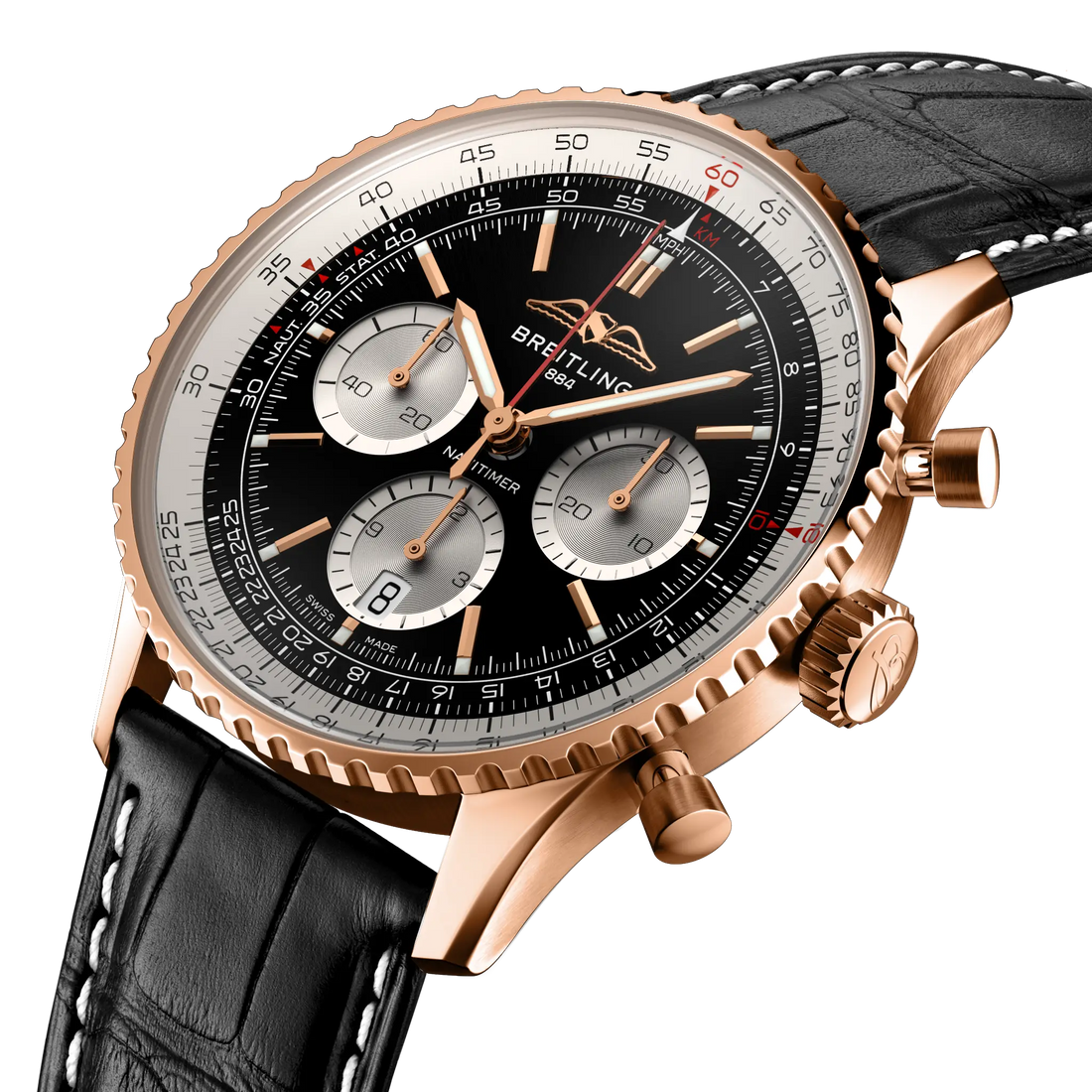 Breitling Navitimer B01 Chronograph 43 reference RB0138211B1P1 with Black dial, 18k red gold case, black alligator strap, three-quarter view