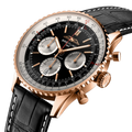 Breitling Navitimer B01 Chronograph 43 reference RB0138211B1P1 with Black dial, 18k red gold case, black alligator strap, three-quarter view