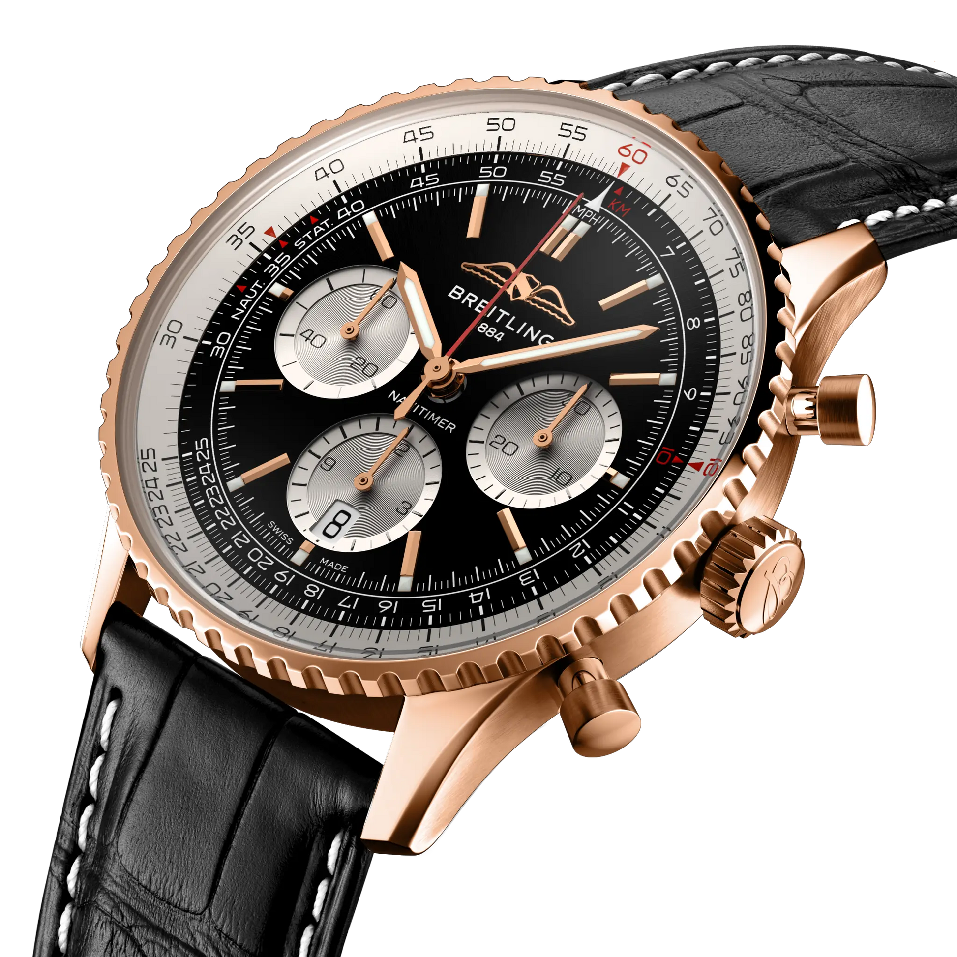 Breitling Navitimer B01 Chronograph 43 reference RB0138211B1P1 with Black dial, 18k red gold case, black alligator strap, three-quarter view