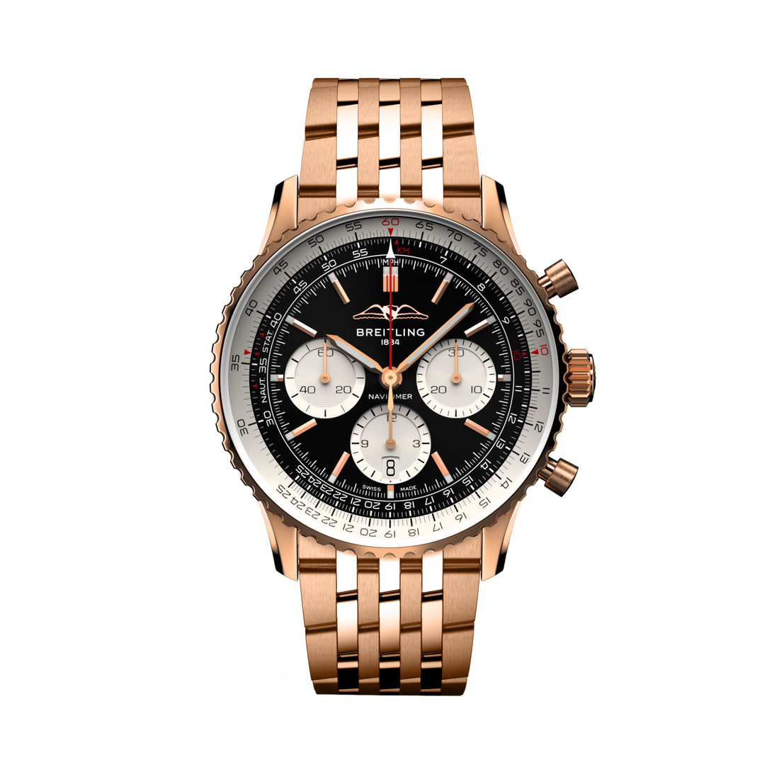 Breitling Navitimer B01 Chronograph 43 reference RB0138211B1R1 with Black dial, 18k red gold case, bracelet, front view