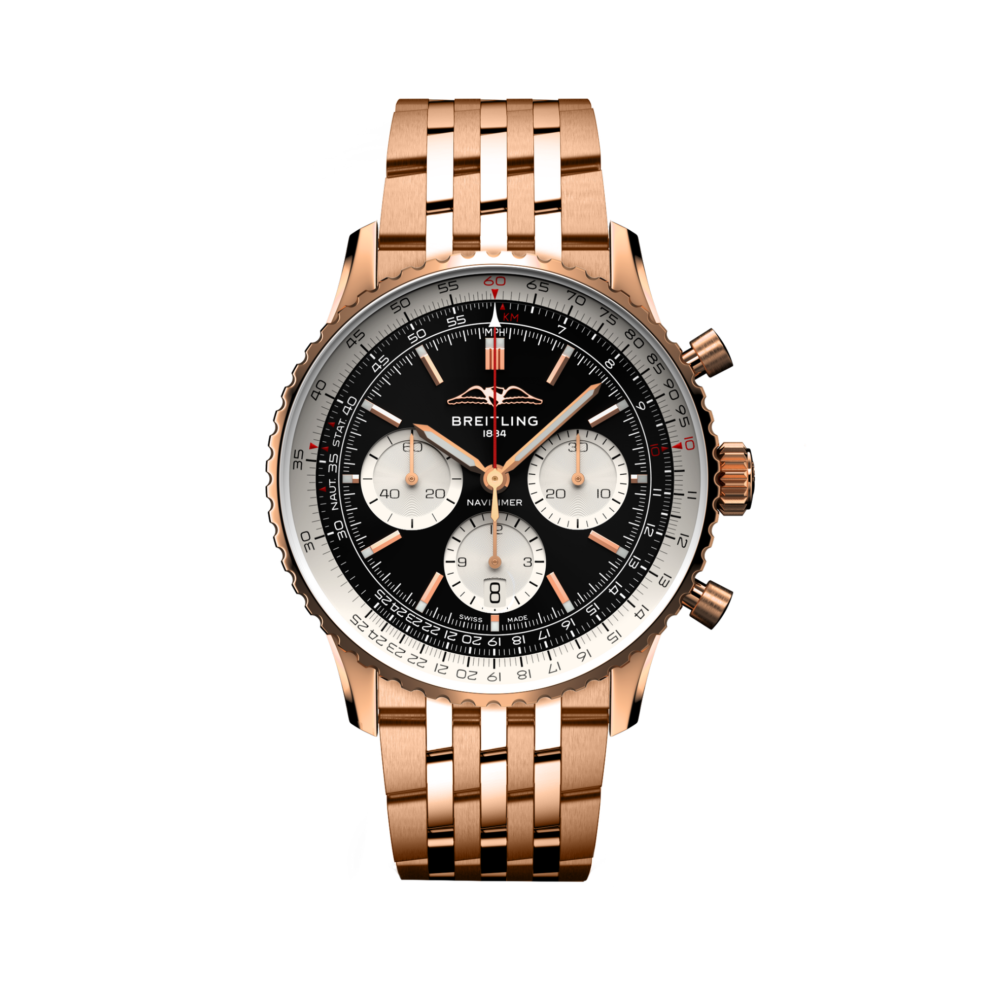 Breitling Navitimer B01 Chronograph 43 reference RB0138211B1R1 with Black dial, 18k red gold case, bracelet, front view