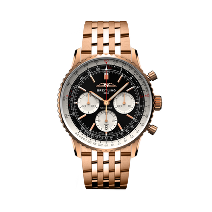 Breitling Navitimer B01 Chronograph 43 reference RB0138211B1R1 with Black dial, 18k red gold case, bracelet, front view