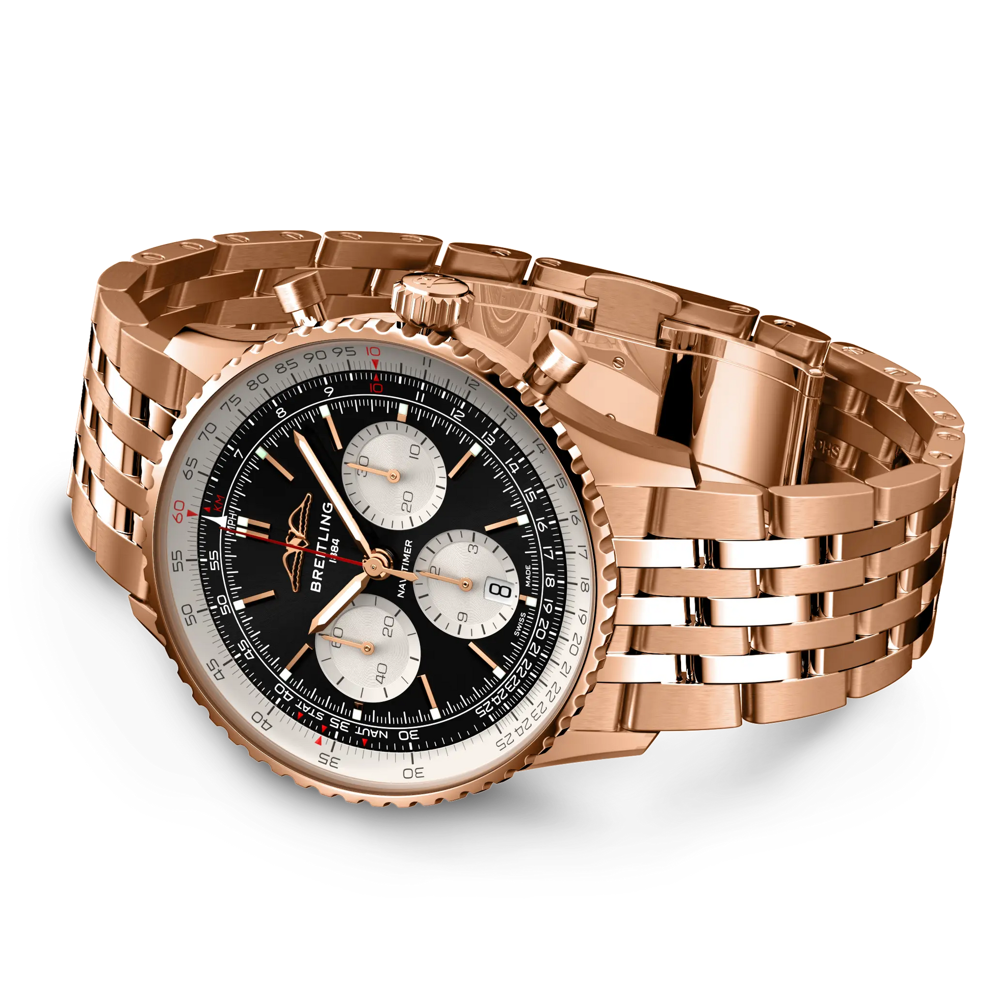 Breitling Navitimer B01 Chronograph 43 reference RB0138211B1R1 with Black dial, 18k red gold case, bracelet, bracelet or strap configuration view