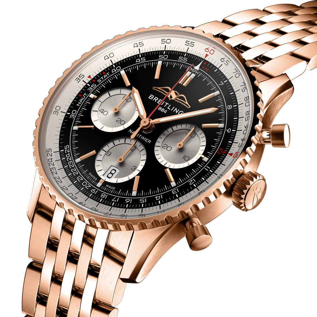 Breitling Navitimer B01 Chronograph 43 reference RB0138211B1R1 with Black dial, 18k red gold case, bracelet, three-quarter view