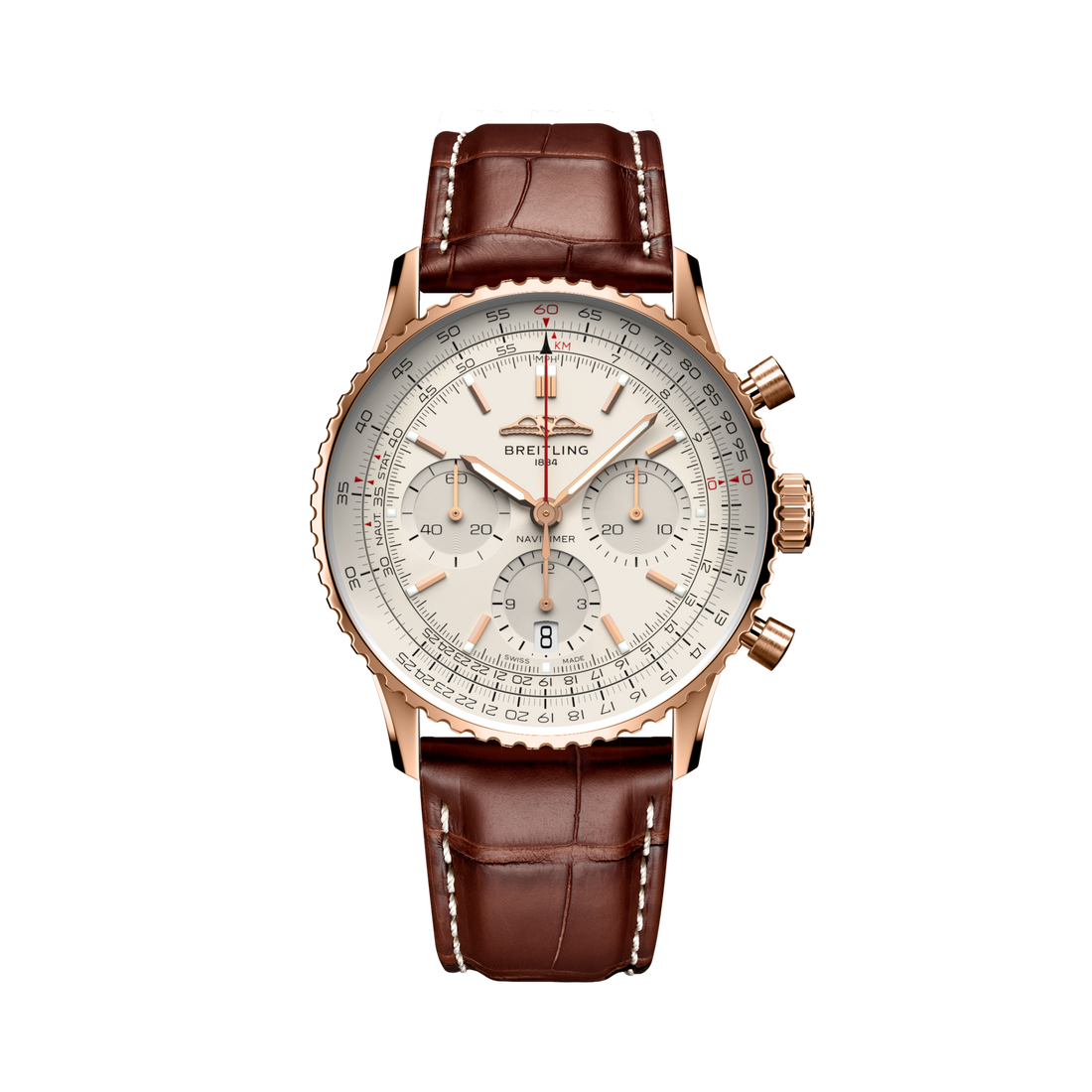 Breitling Navitimer B01 Chronograph 41 reference RB0139211G1P1 with Cream dial, 18k red gold case, brown alligator strap, front view