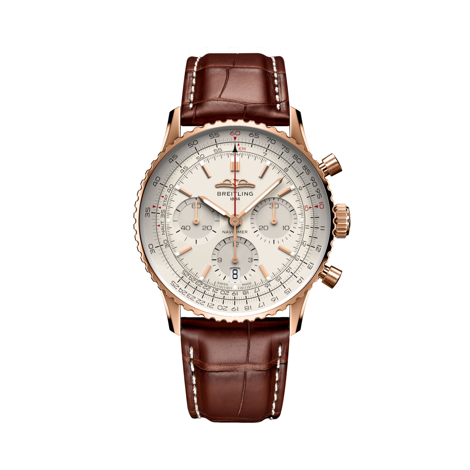 Breitling Navitimer B01 Chronograph 41 reference RB0139211G1P1 with Cream dial, 18k red gold case, brown alligator strap, front view