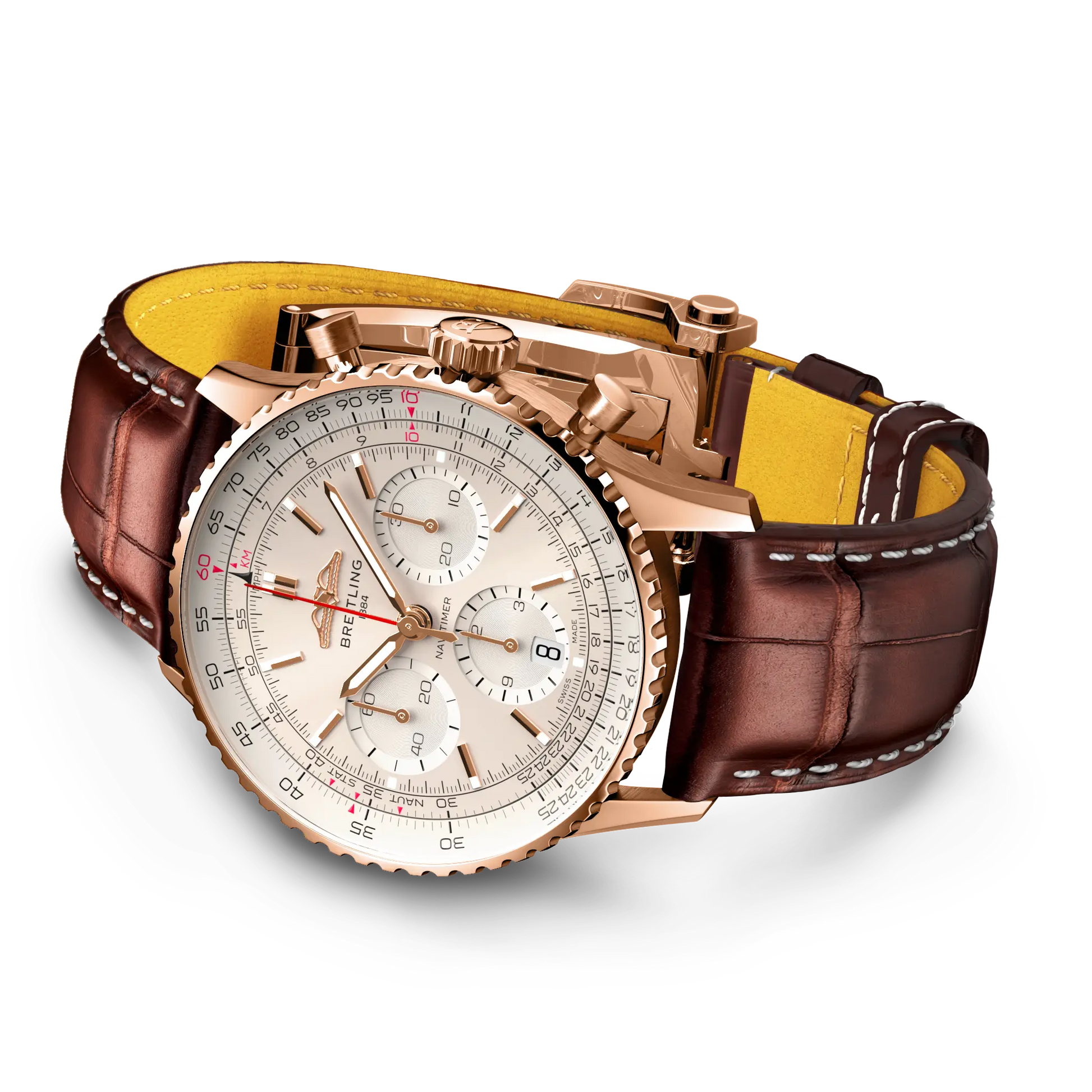 Breitling Navitimer B01 Chronograph 41 reference RB0139211G1P1 with Cream dial, 18k red gold case, brown alligator strap, bracelet or strap configuration view