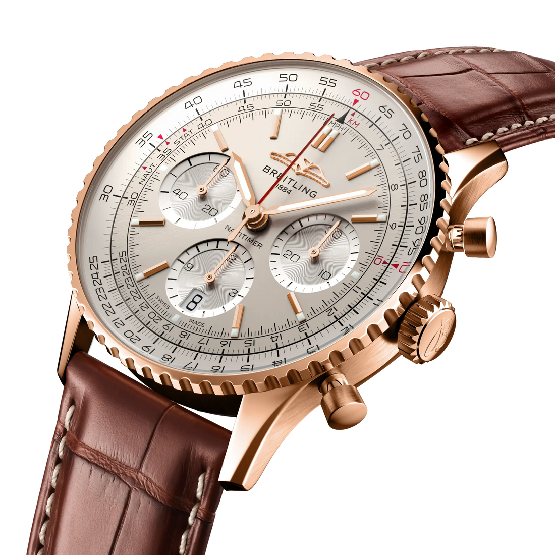 Breitling Navitimer B01 Chronograph 41 reference RB0139211G1P1 with Cream dial, 18k red gold case, brown alligator strap, three-quarter view