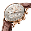 Breitling Navitimer B01 Chronograph 41 reference RB0139211G1P1 with Cream dial, 18k red gold case, brown alligator strap, three-quarter view