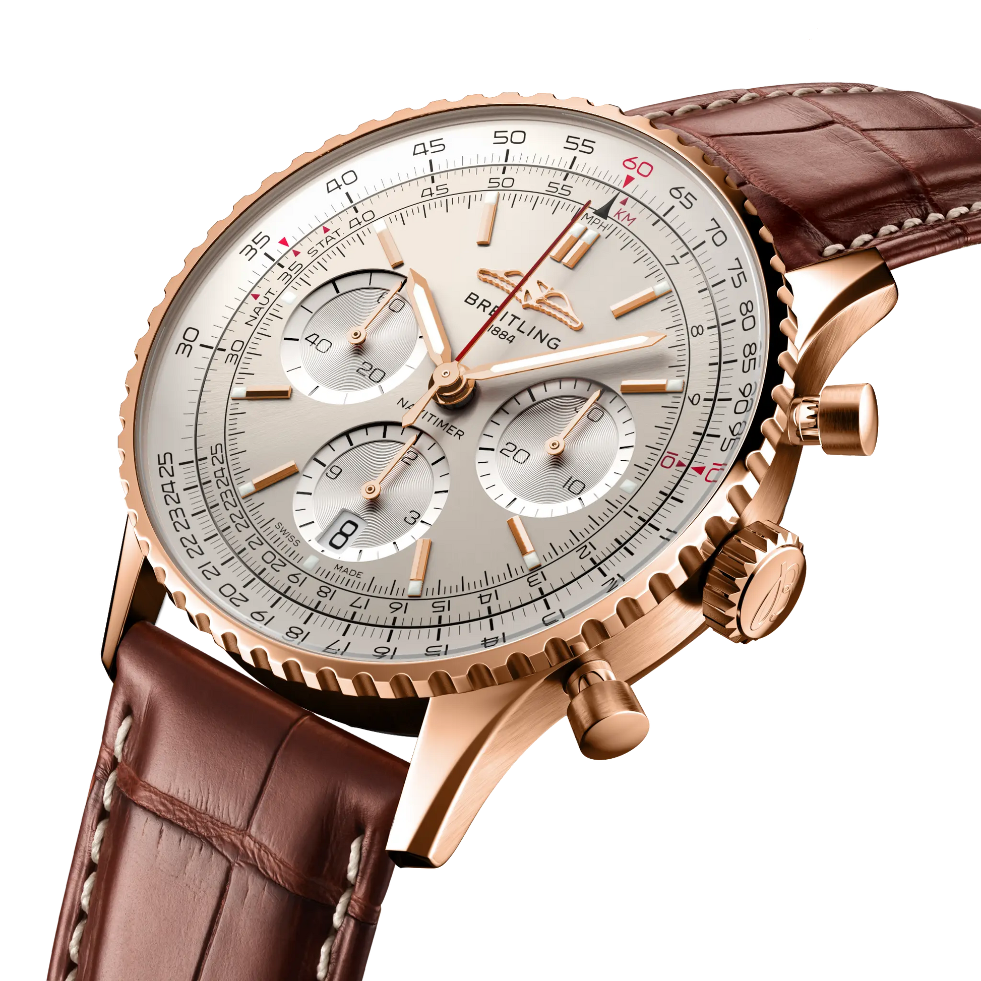 Breitling Navitimer B01 Chronograph 41 reference RB0139211G1P1 with Cream dial, 18k red gold case, brown alligator strap, three-quarter view