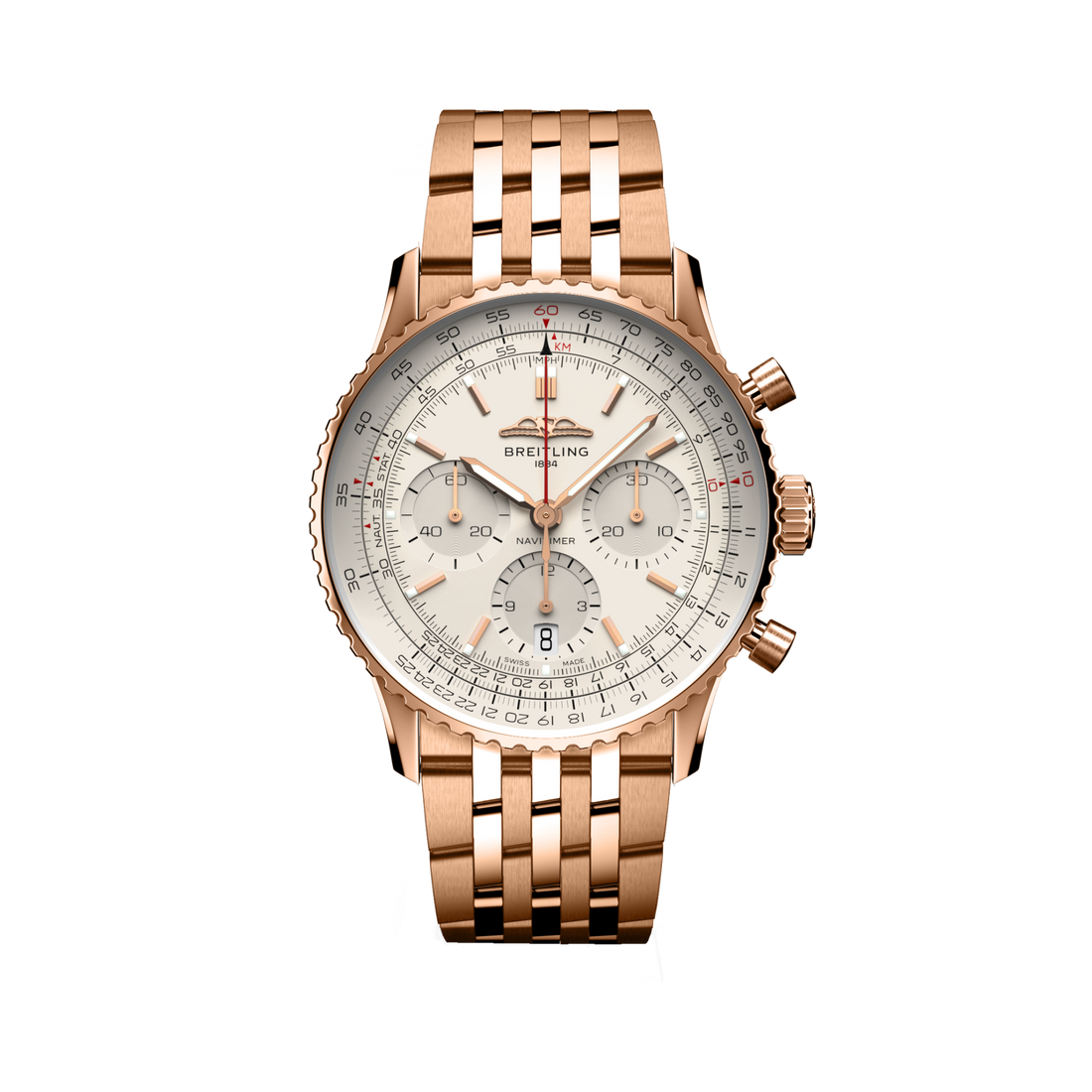 Breitling Navitimer B01 Chronograph 41 reference RB0139211G1R1 with Cream dial, 18k red gold case, bracelet, front view