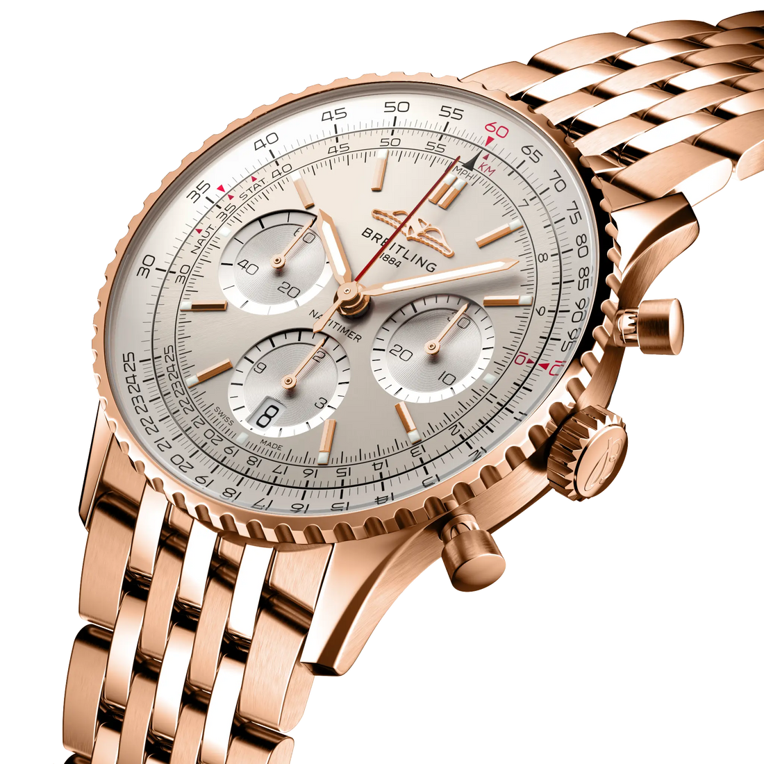 Breitling Navitimer B01 Chronograph 41 reference RB0139211G1R1 with Cream dial, 18k red gold case, bracelet, three-quarter view