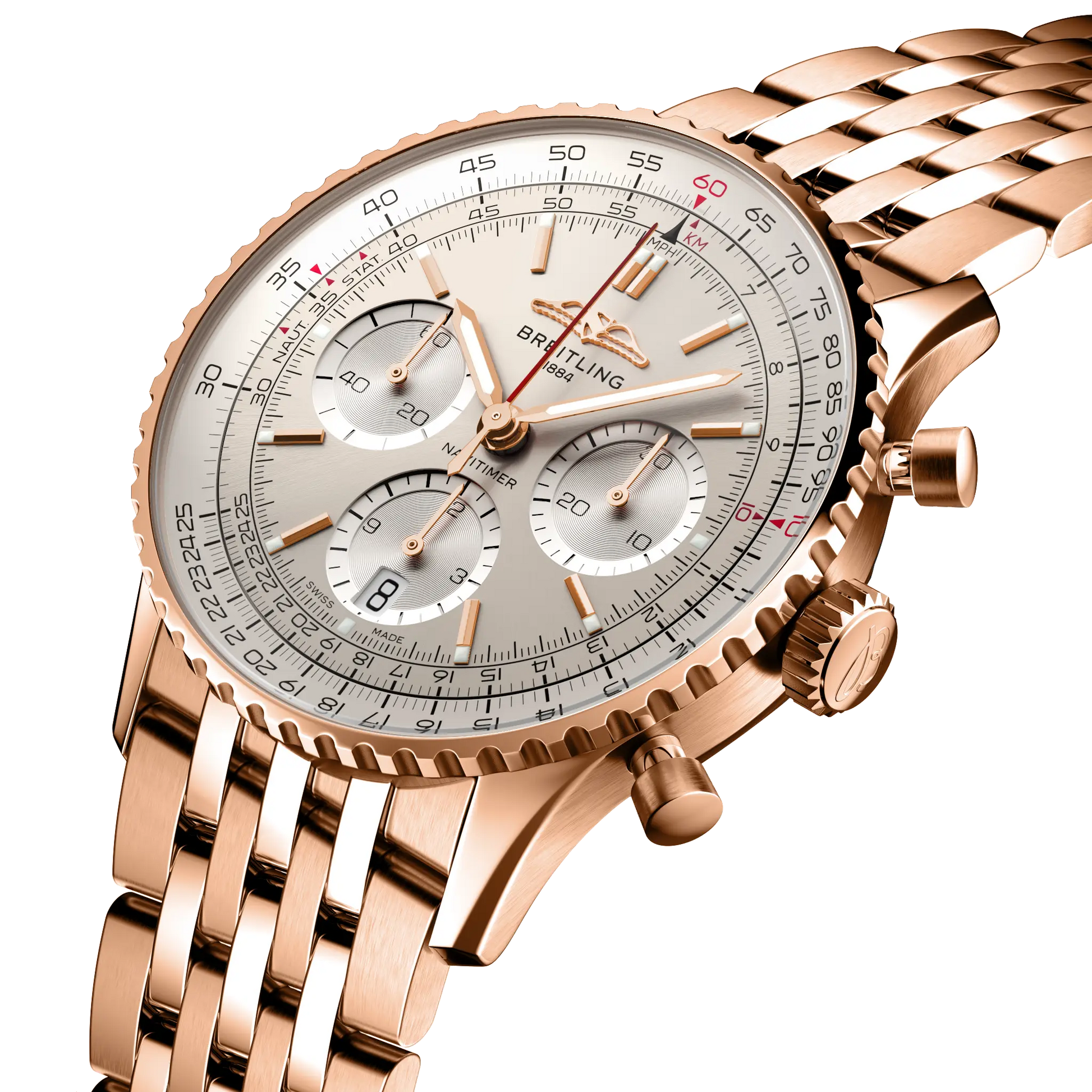 Breitling Navitimer B01 Chronograph 41 reference RB0139211G1R1 with Cream dial, 18k red gold case, bracelet, three-quarter view